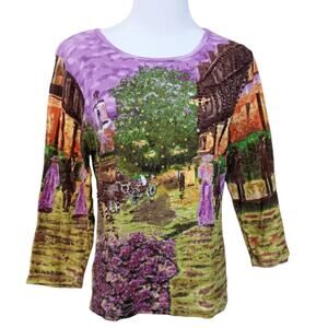 Vintage Art to Wear Cotton Top Shirt Blouse L Beaded Bright Colorful Scene Retro